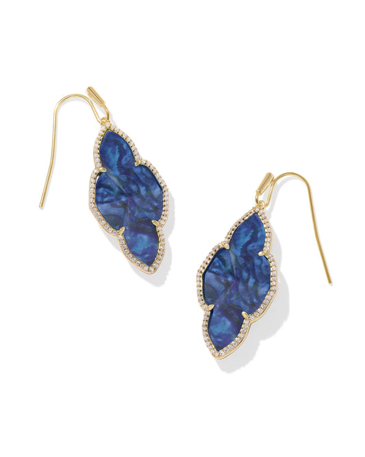 Abbie Pave Frame Drop Earrings Gold Navy Abalone