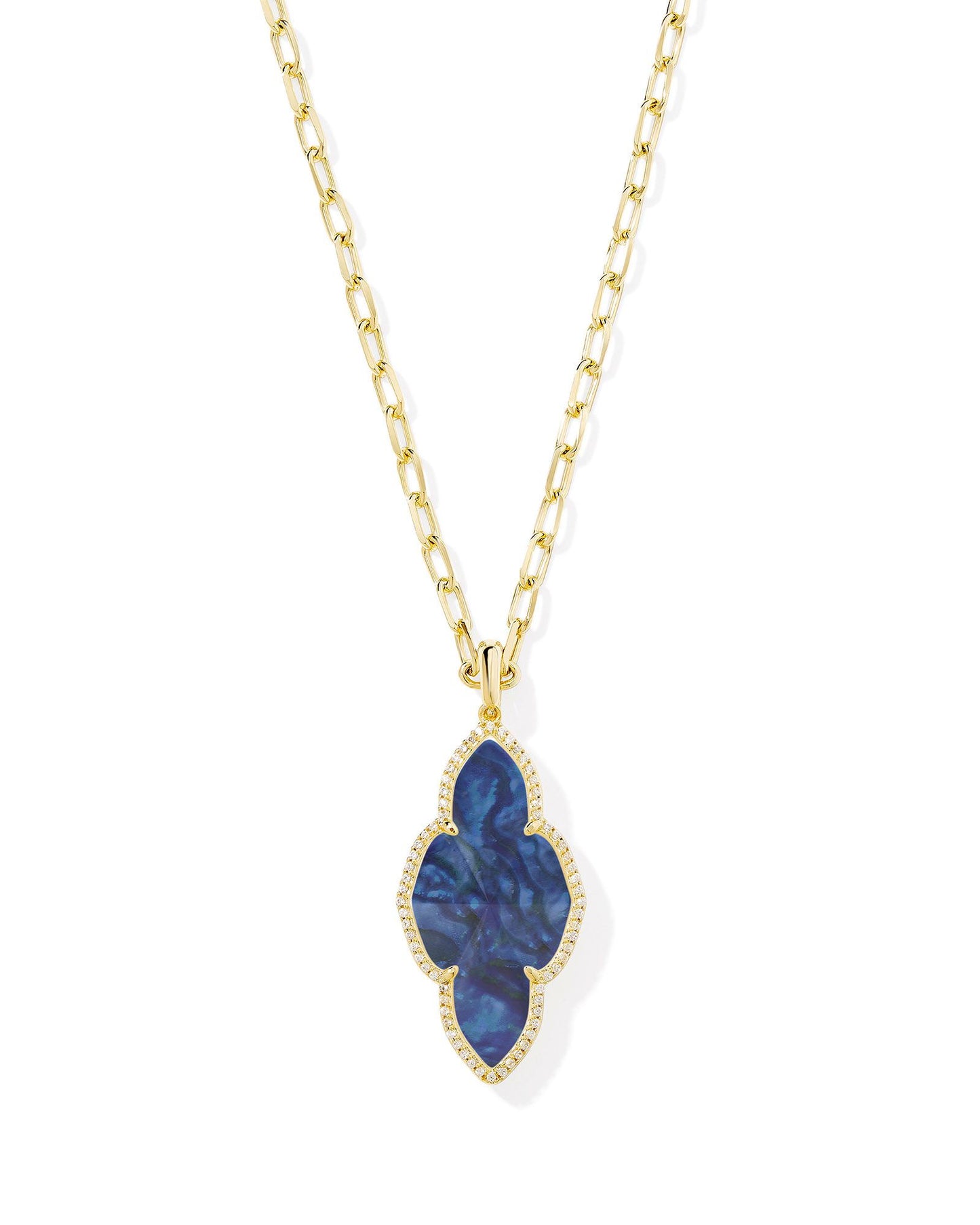 Abbie Pave Frame Large Pendant Necklace Gold Navy Abalone