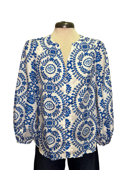 Blue Vintage V Neck Blouse