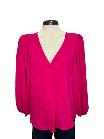 V Neck Long Sleeve Blouse Hot Pink