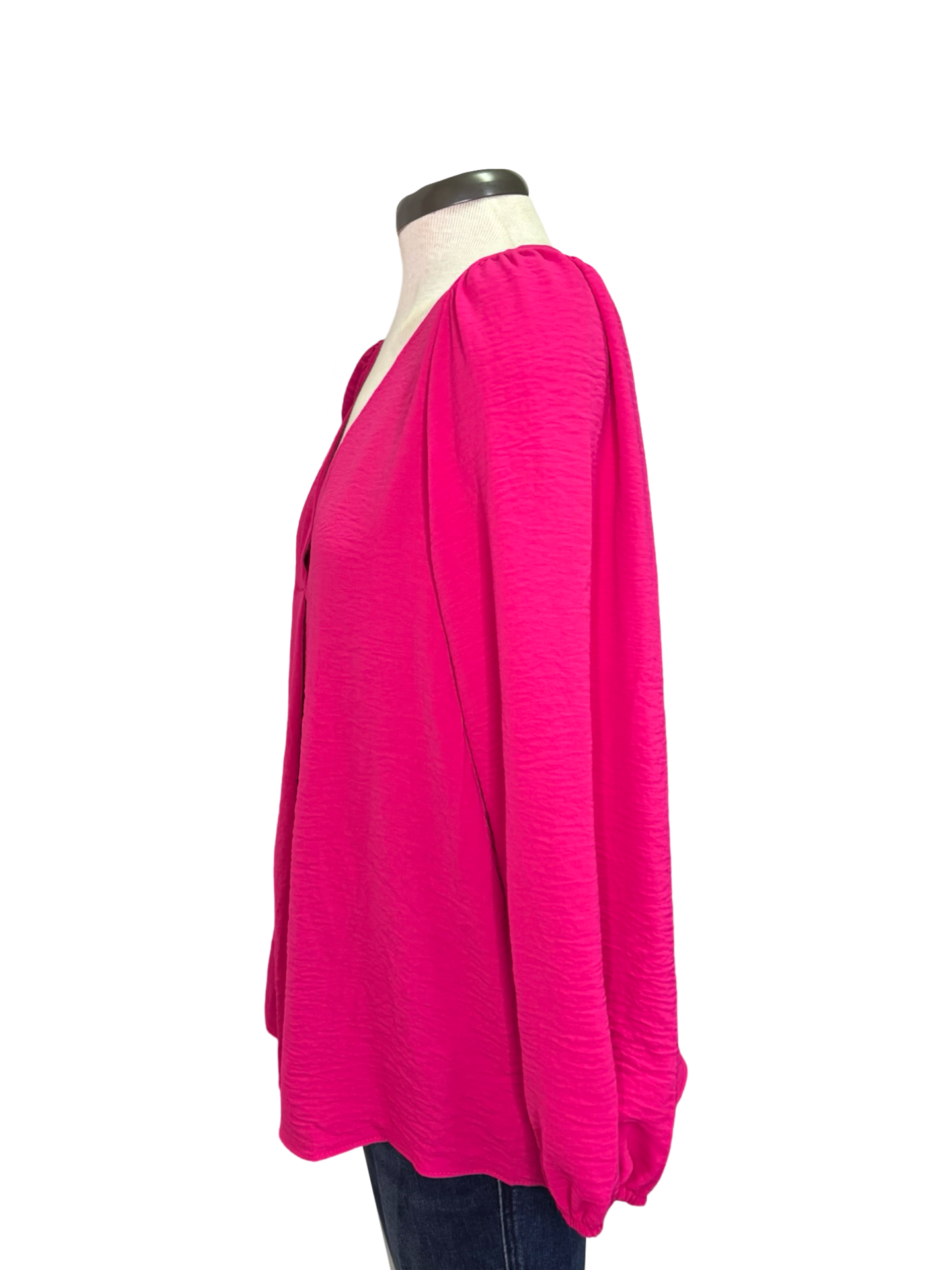 V Neck Long Sleeve Blouse Hot Pink