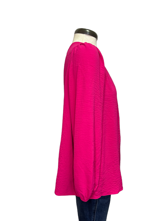 V Neck Long Sleeve Blouse Hot Pink