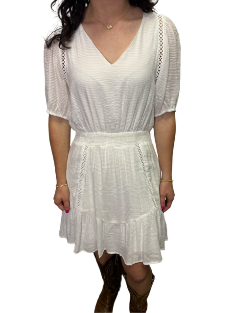 Trim Cinch Waist Dress White