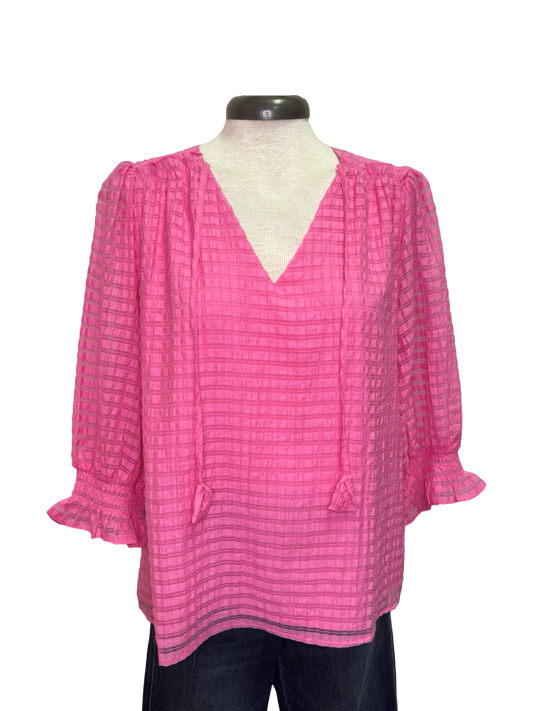 Pink Shirred Shoulder 3/4 Sleeve Top