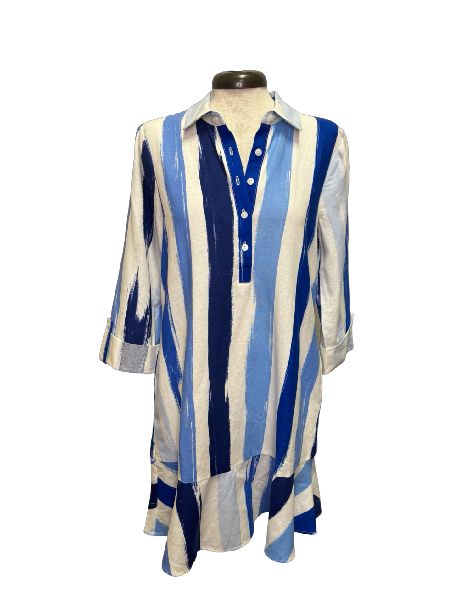 Full Shirt Dress with Flounce Ivory/Blue