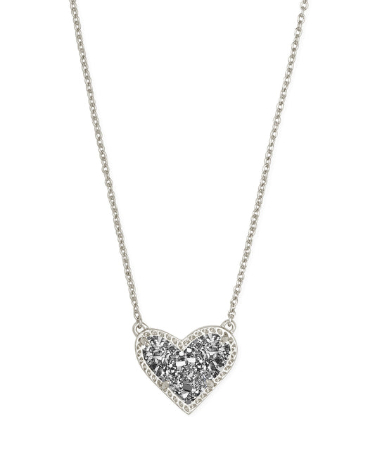 Ari Heart Short Pendant Necklace Silver Platinum Drusy