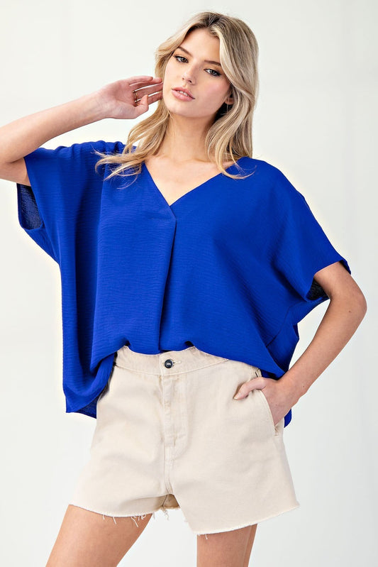 Breezy Short Sleeve V Neck Blouse Royal Blue