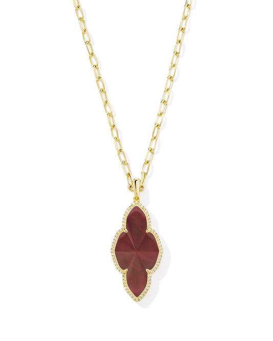 Abbie Pave Frame Large Long Pendant Necklace Gold Cranberry Illusion