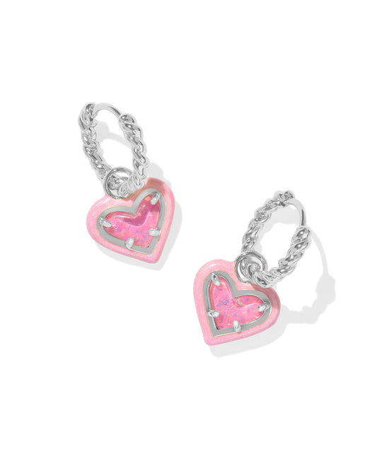 Ari Heart Enamel Frame Huggie Earrings Silver Pink Iri Glitter Glass