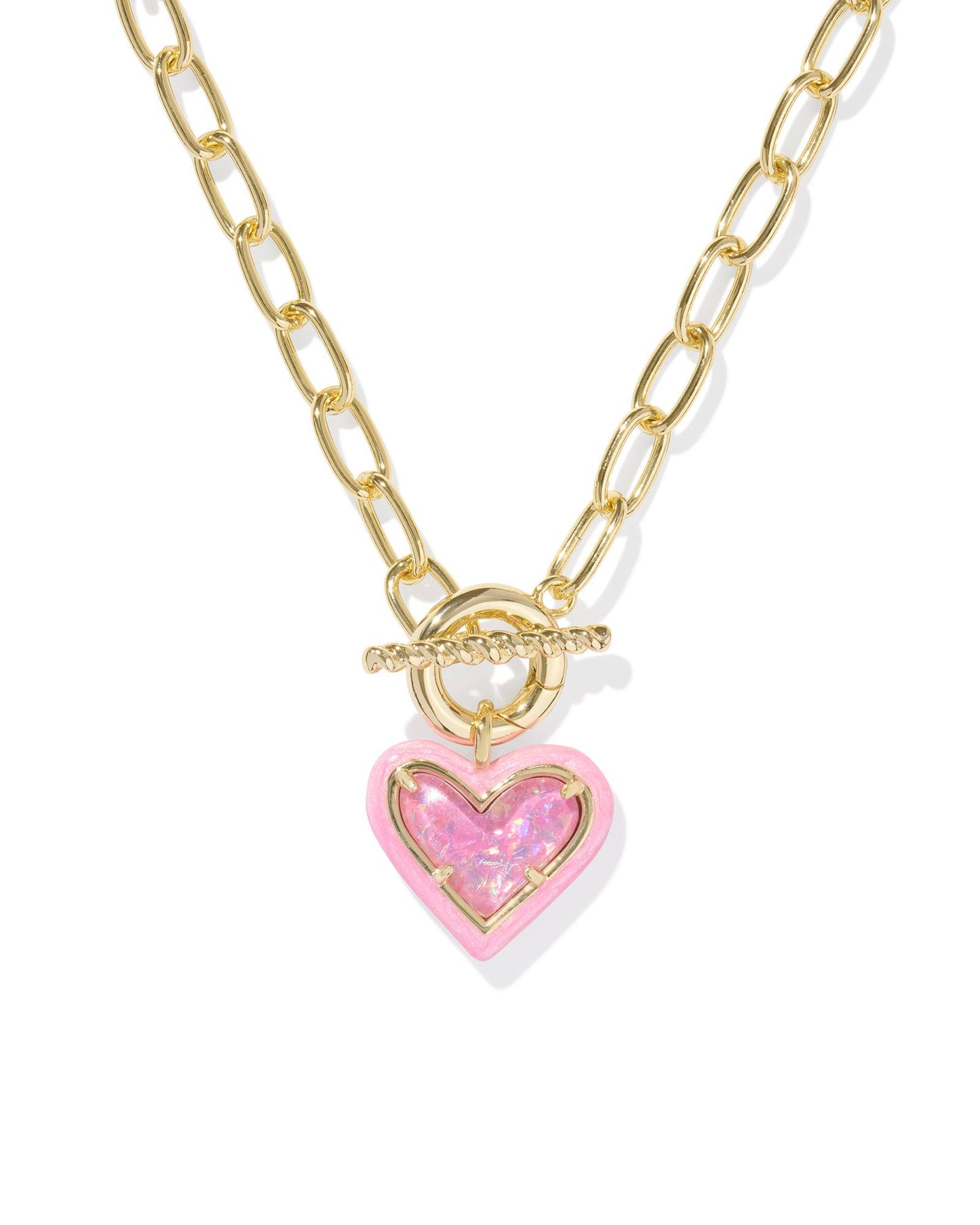 Ari Heart Enamel Frame Link and Chain Necklace Gold Pink Iri Glitter Glass