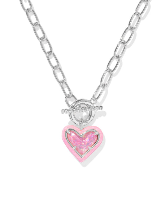 Ari Heart Enamel Frame Link and Chain Necklace Silver Pink Iri Glitter Glass