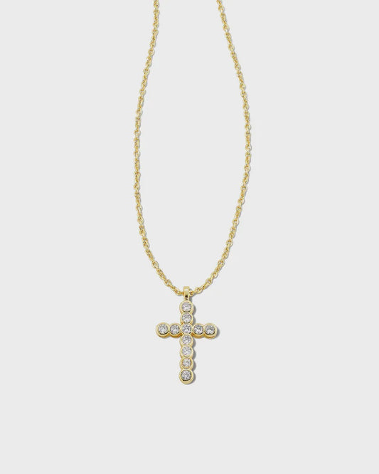 Cross Crystal Pendant Necklace Gold White Crystal