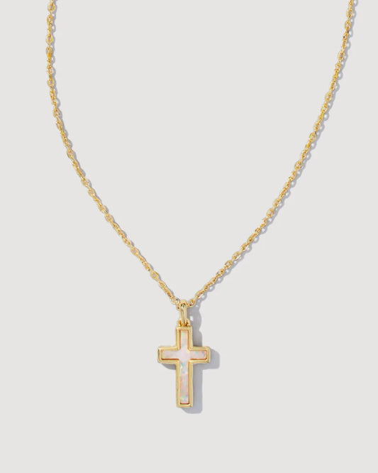Cross Pendant Necklace Gold White Opal