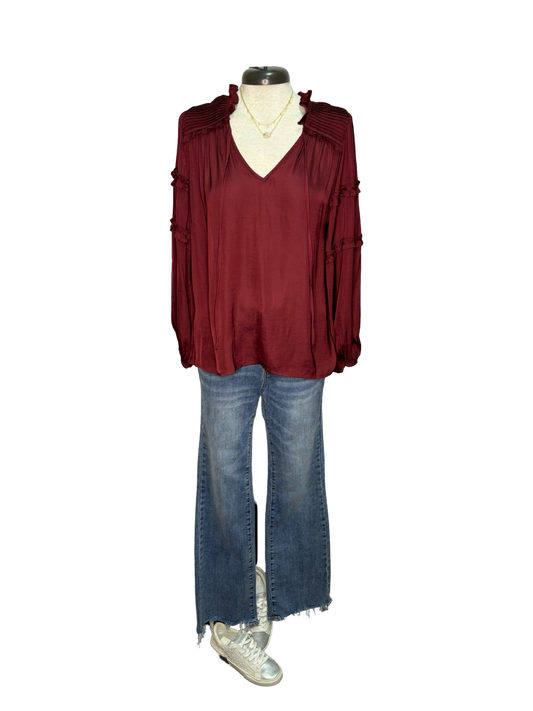 Long Sleeve Ruffle Blouse Top Maroon