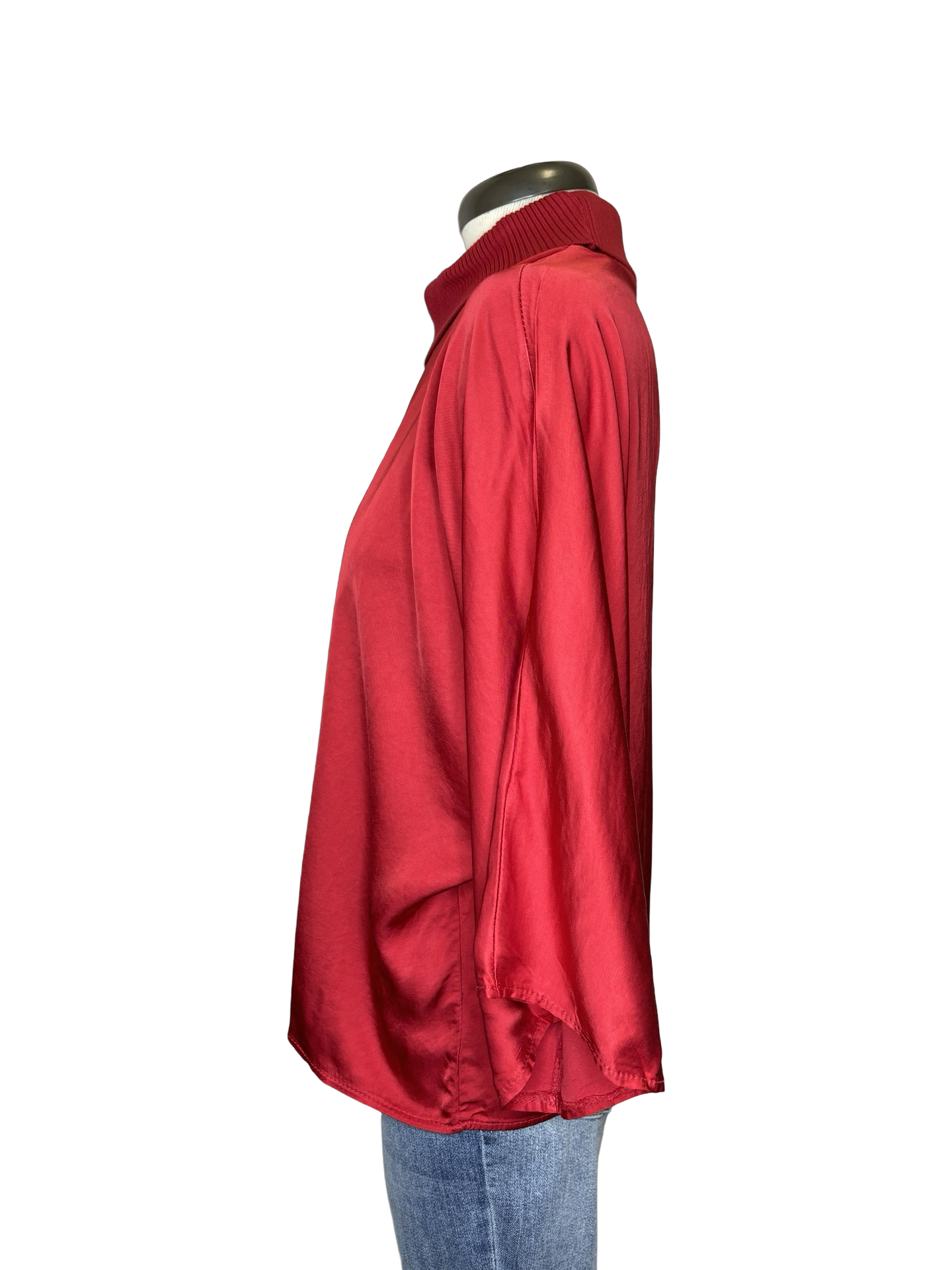 Jonah Satin Batwing Top with Ribbed Neck Red