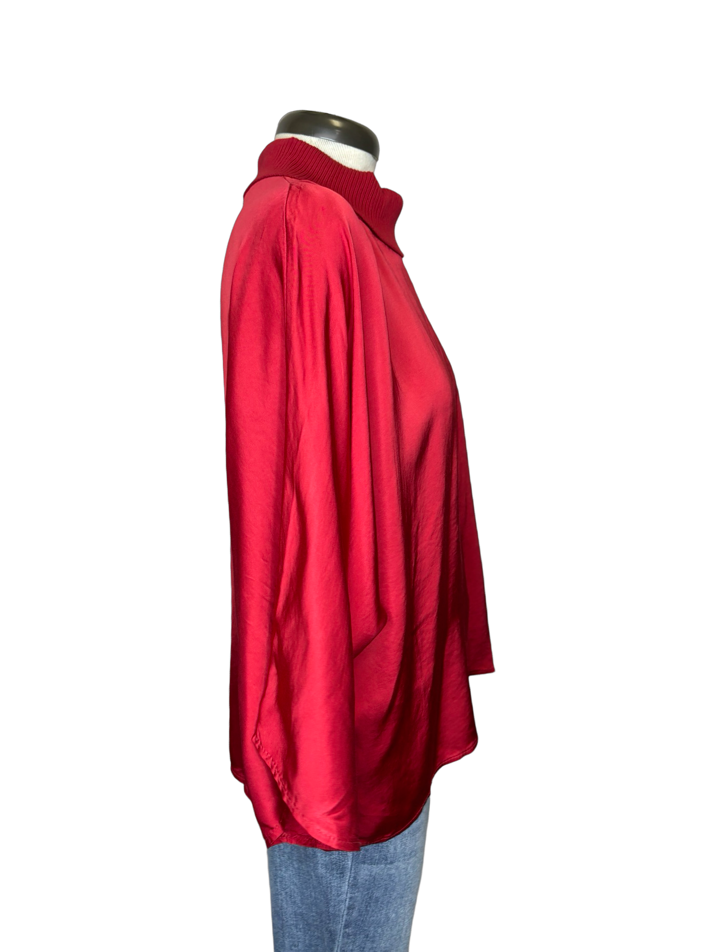 Jonah Satin Batwing Top with Ribbed Neck Red