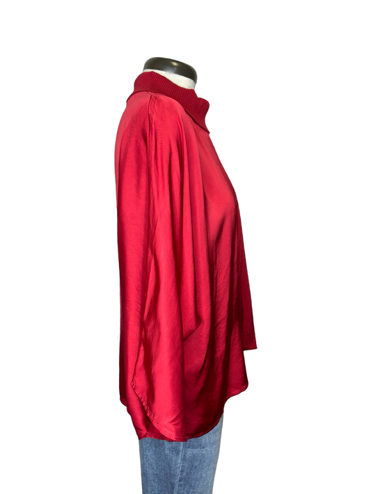 Jonah Satin Batwing Top with Ribbed Neck Red