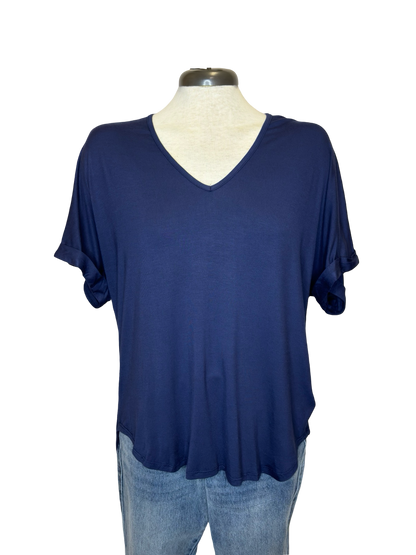 Madison V Neck Folded Cuff Sleeve Top Navy