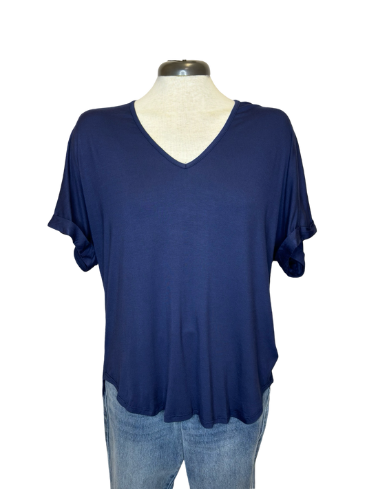 Madison V Neck Folded Cuff Sleeve Top Navy