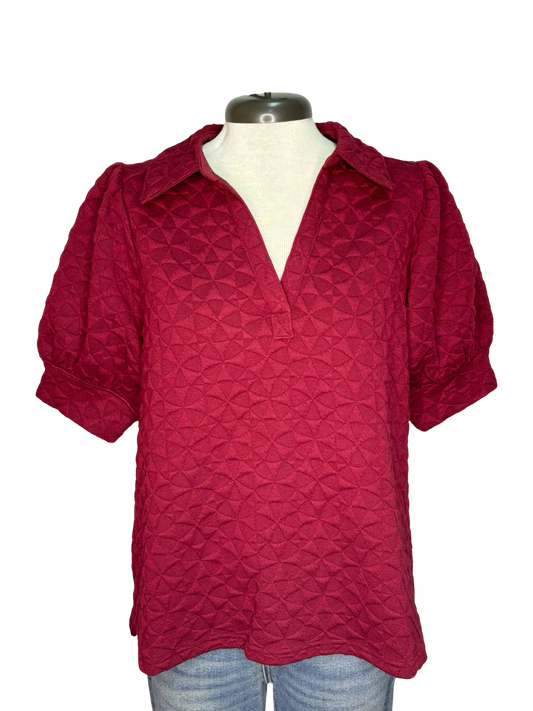 Textured Short Sleeve Collared Top Burgundy