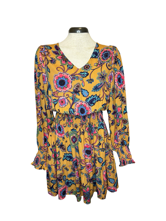 LS Printed Challis Dress Mustard