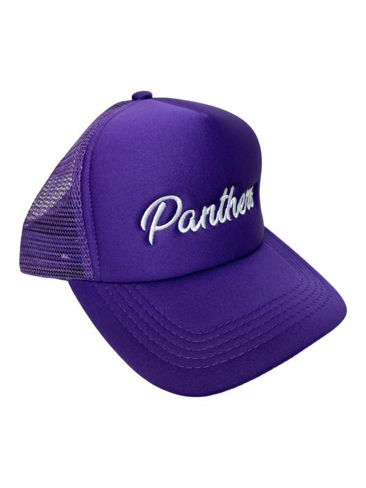 Panther Purple in White Cursive Foam Trucker Hat