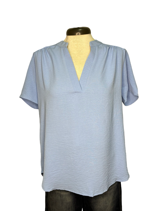 V Neck Placket Top Blue