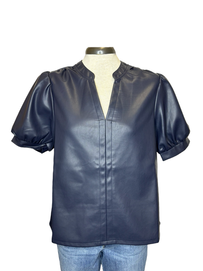 Puff Sleeve Leather Top Navy