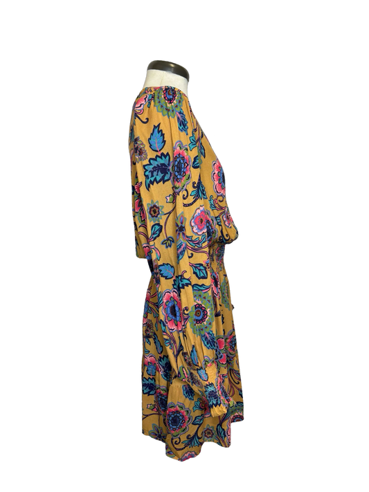 LS Printed Challis Dress Mustard