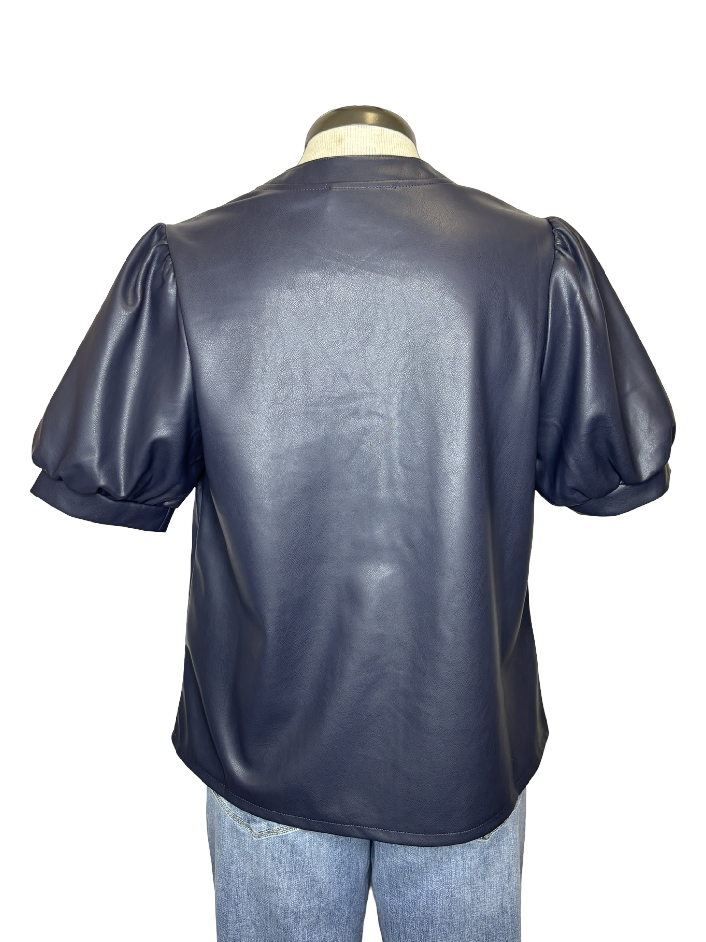 Puff Sleeve Leather Top Navy