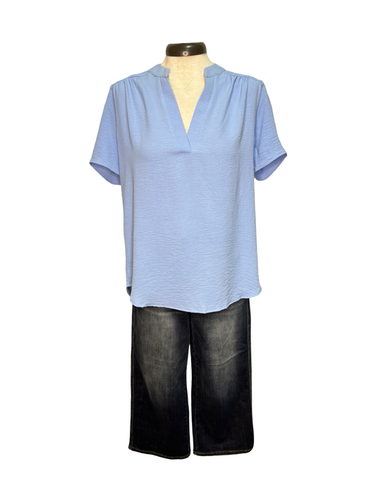 V Neck Placket Top Blue