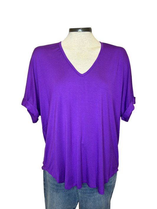 Madison V Neck Folded Cuff Sleeve Top Purple