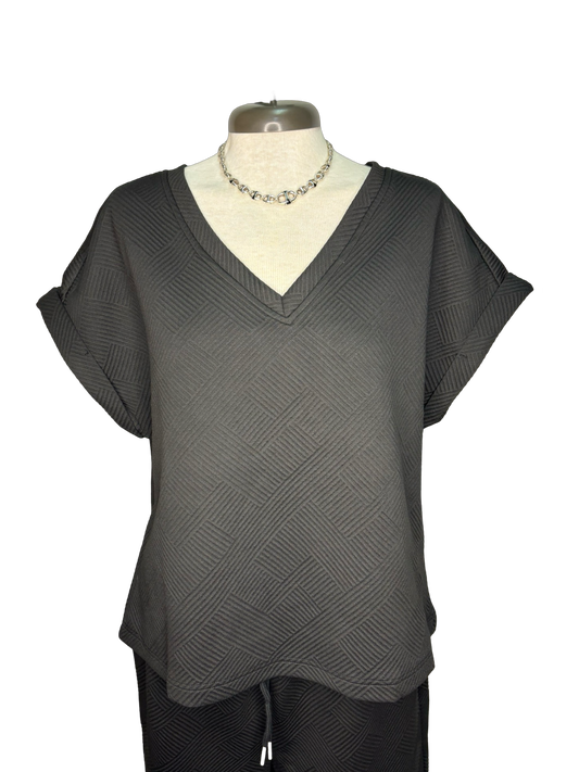 Textured V Neck Top Black