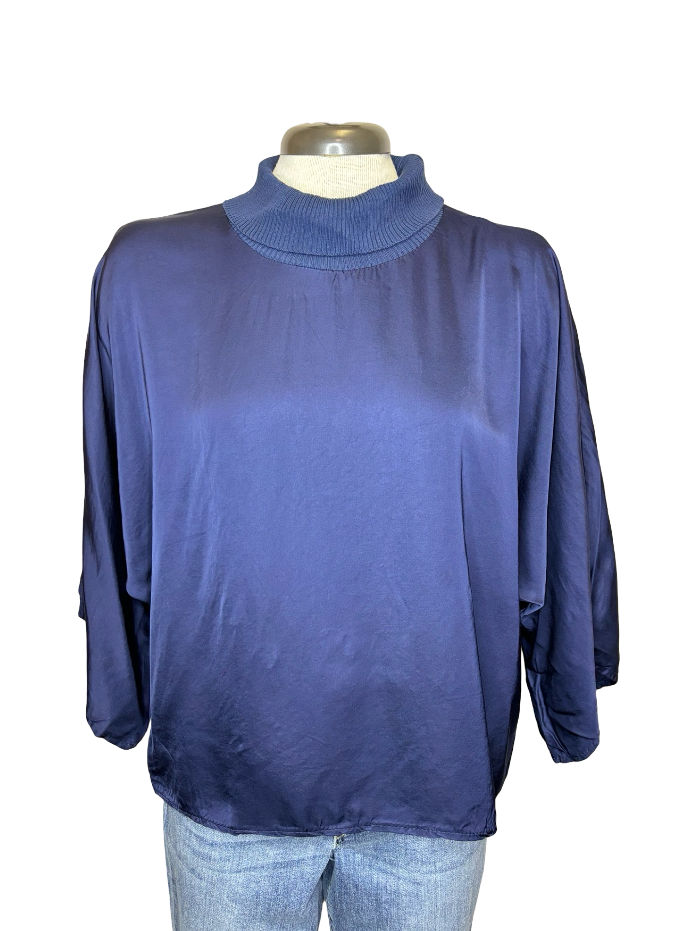 Jonah Satin Batwing Top with Ribbed Neck Navy