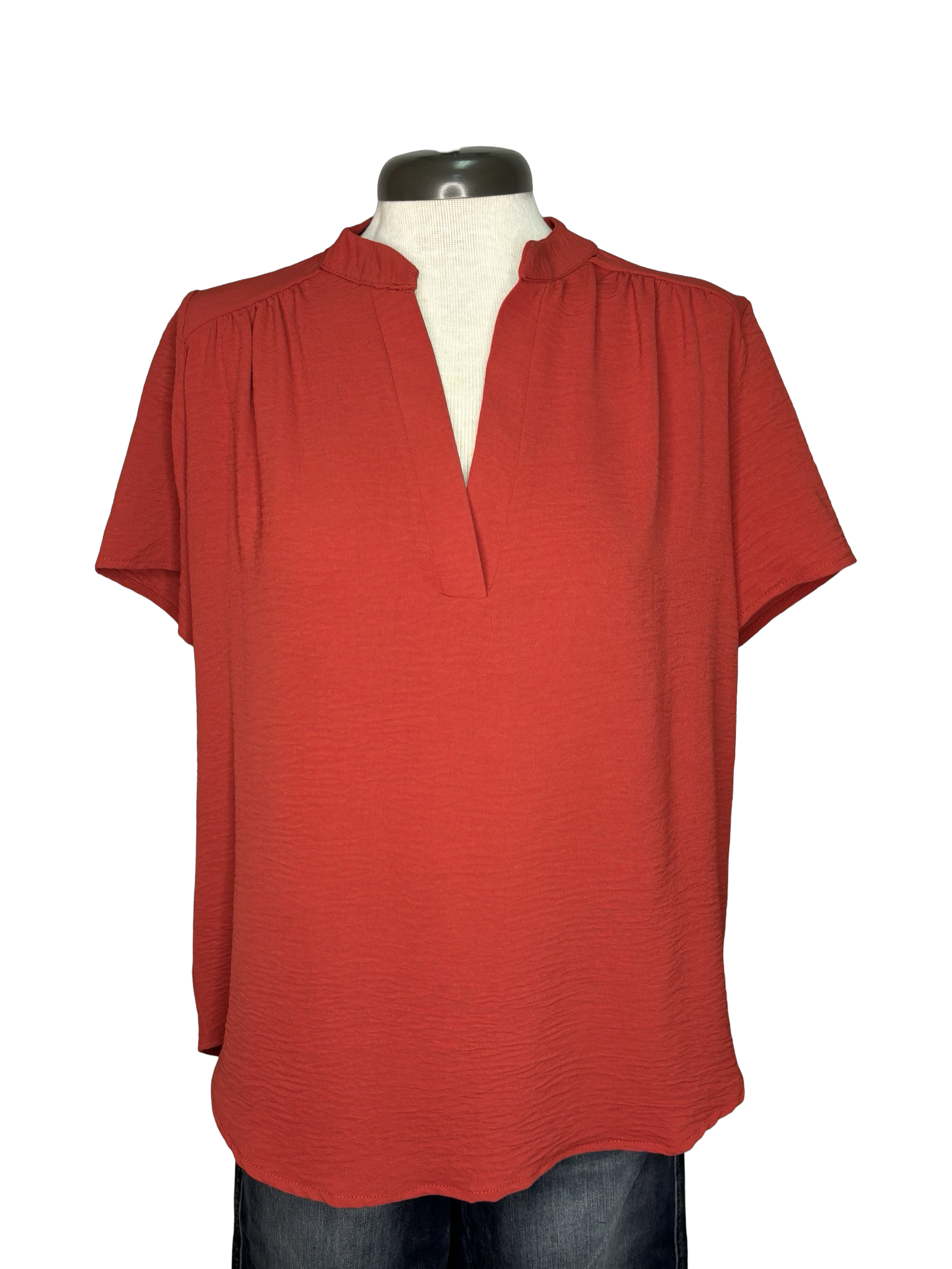 V Neck Placket Top Rust