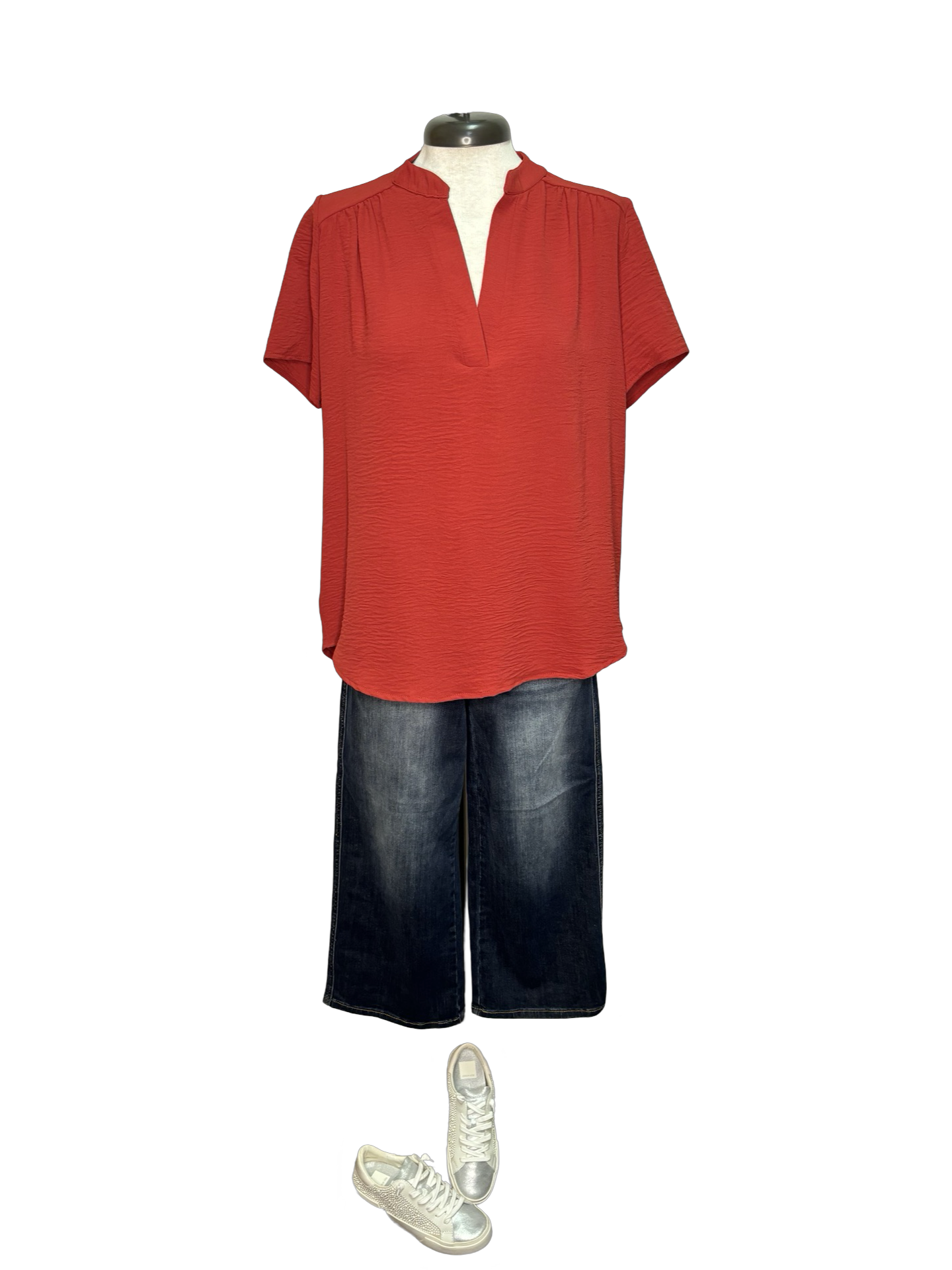 V Neck Placket Top Rust