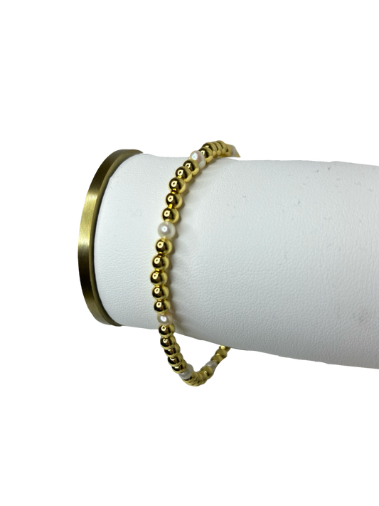 Gold Bead Stretch Bracelet Pearl Accents