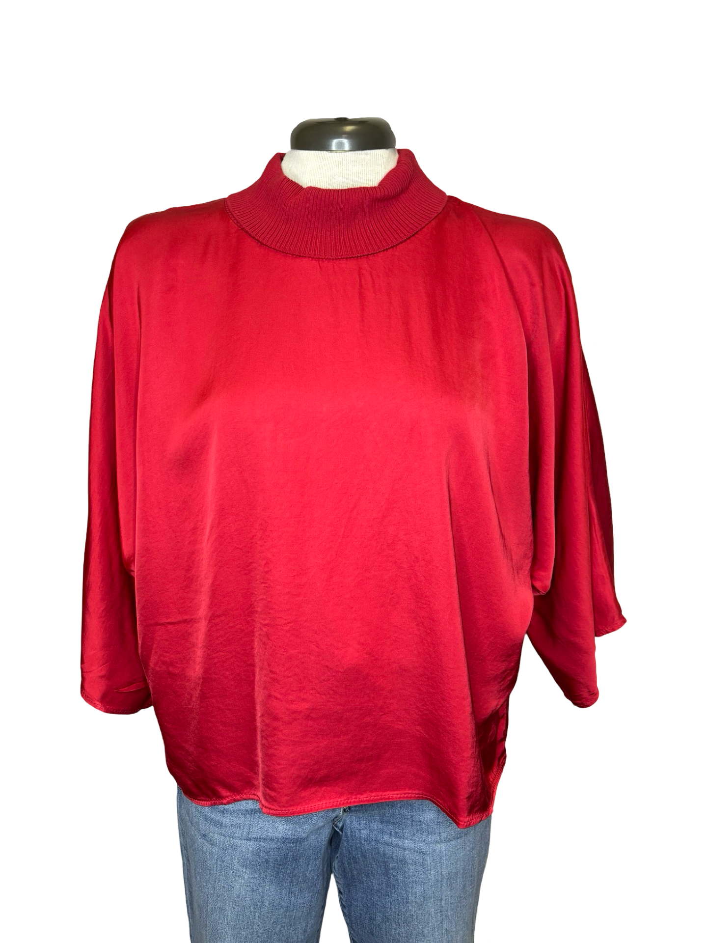 Jonah Satin Batwing Top with Ribbed Neck Red