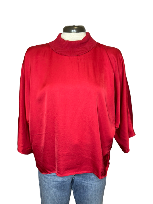 Jonah Satin Batwing Top with Ribbed Neck Red