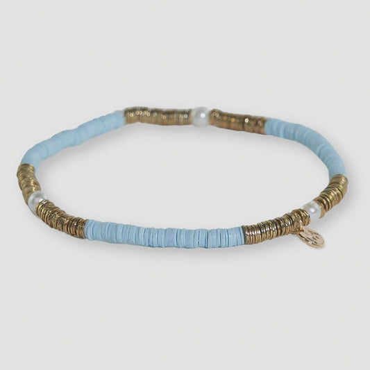 Rory Solid Light Blue/Gold/Pearl Stretch Bracelet