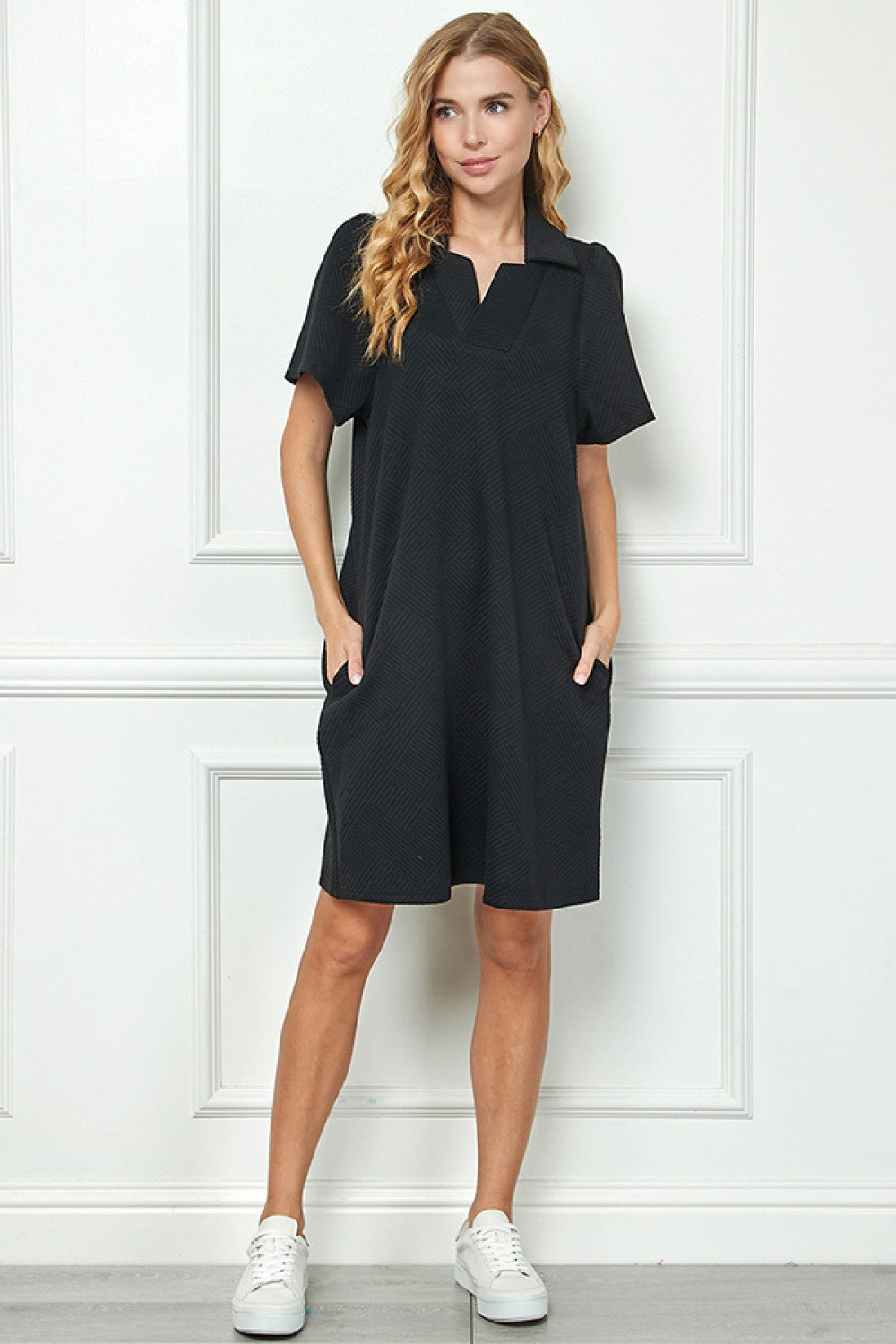 Collared Textured Dress Black