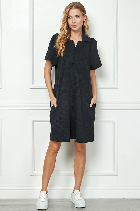 Collared Textured Dress Black