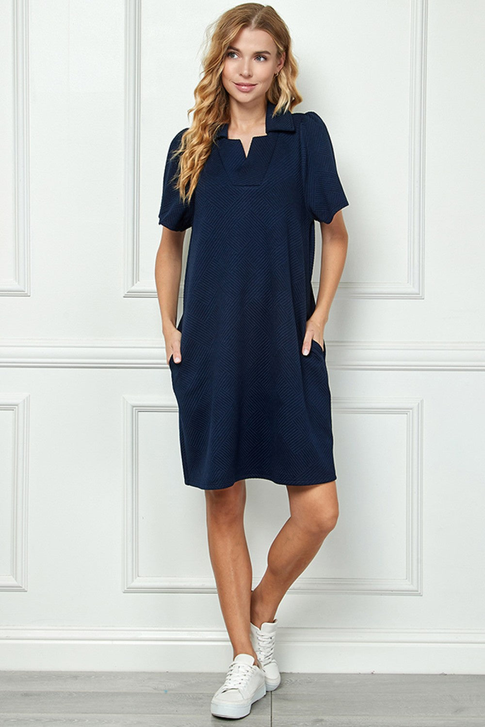 Collared Textured Dress Navy