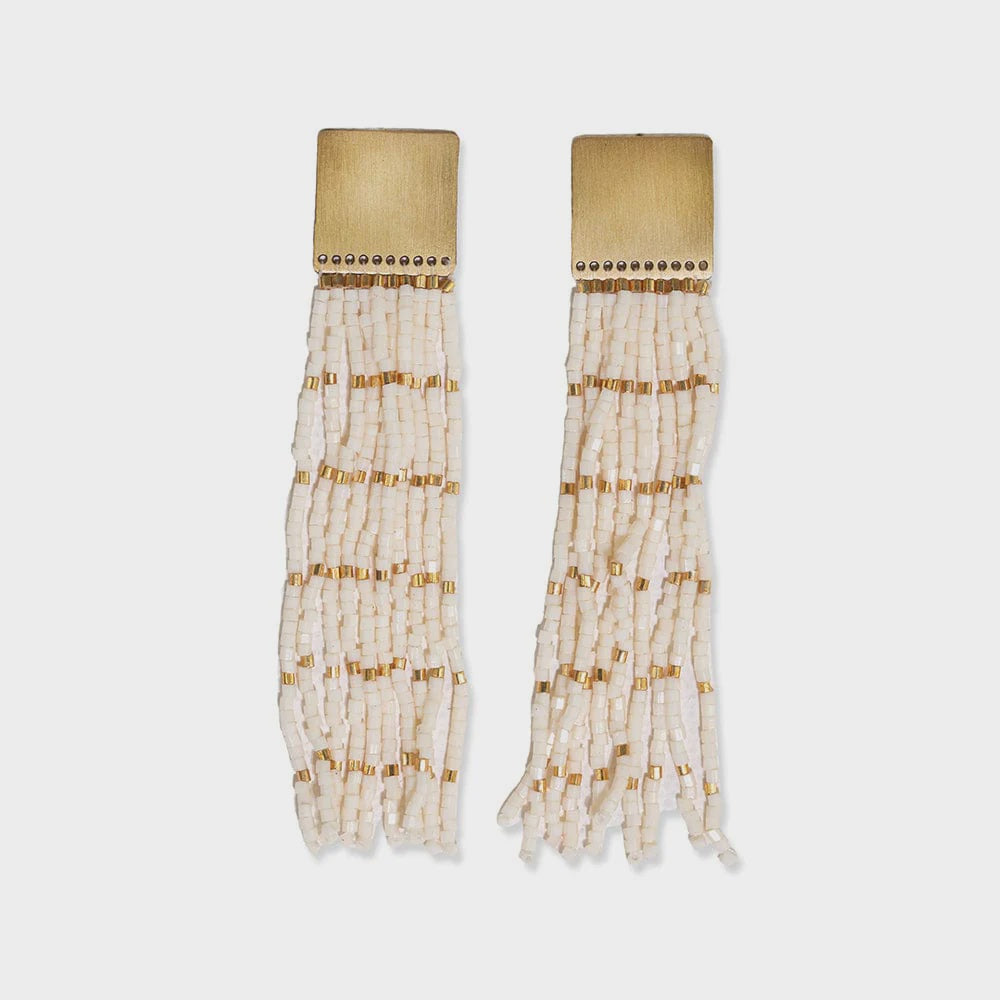 Harlow Brass Stripe Fringe Earrings Gold Stripe Ivory